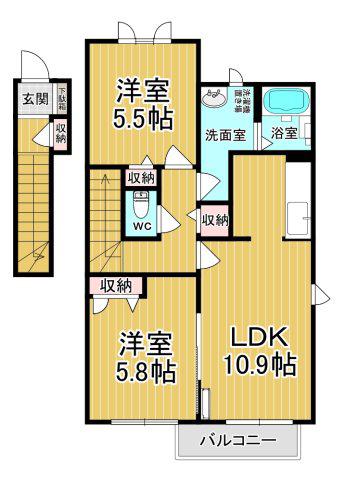 ヴィラフェリーチェB棟(2LDK/2階)の間取り写真