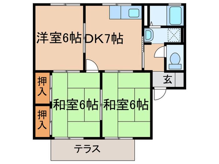 グリーンゲイブルズB棟(3DK/1階)の間取り写真