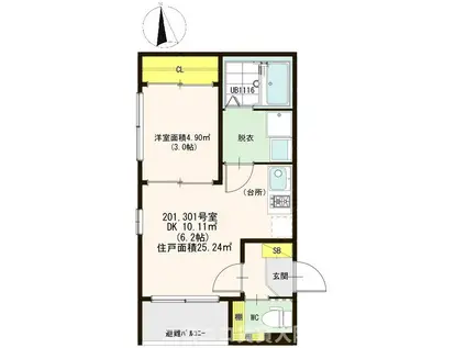 ハ-モニ-テラス東中本(1DK/2階)の間取り写真