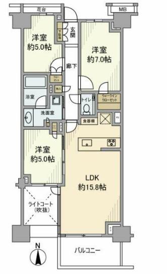 プラウド弦巻(3LDK/7階)の間取り写真