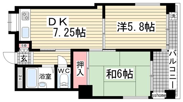 ラ・セーヌ六甲(2DK/2階)の間取り写真