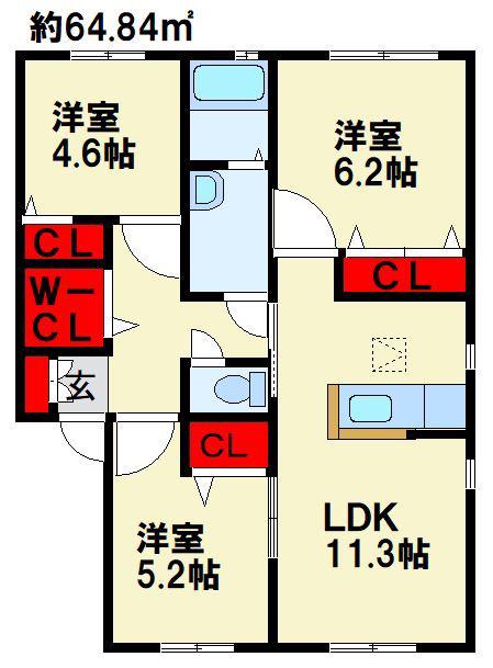 メゾン サンジェル B棟(3LDK/1階)の間取り写真