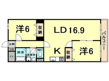 グロリオーサ甲東(2LDK/2階)の間取り写真