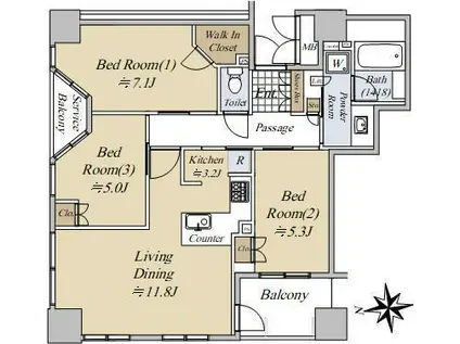 ブランズタワー大阪備後町(3LDK/25階)の間取り写真