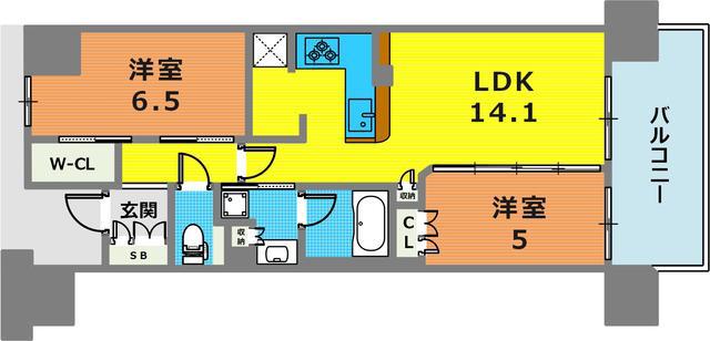 ワコーレ神戸三宮トラッドタワー(2LDK/9階)の間取り写真