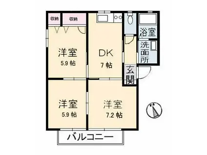 クラレッドシティ A棟(3DK/2階)の間取り写真