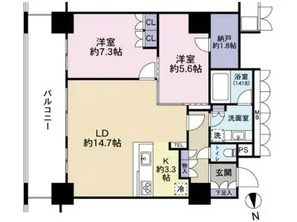 アップルタワーズ仙台(2LDK/27階)の間取り写真