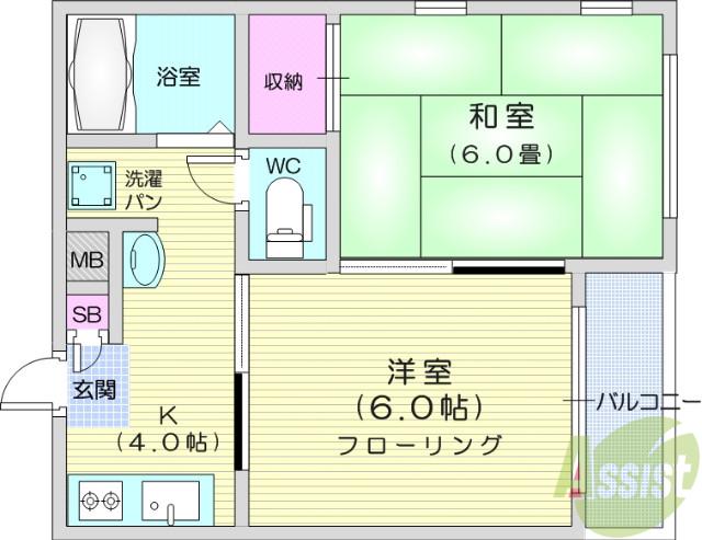 エクセレント南吉成参番館(2DK/1階)の間取り写真