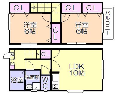 クローバー岡B(2LDK/1階)の間取り写真