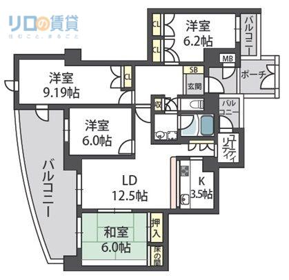グランドゥール逆瀬川(4LDK/6階)の間取り写真