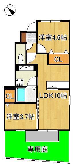 サンヒルズ愛坂 A棟(2LDK/1階)の間取り写真
