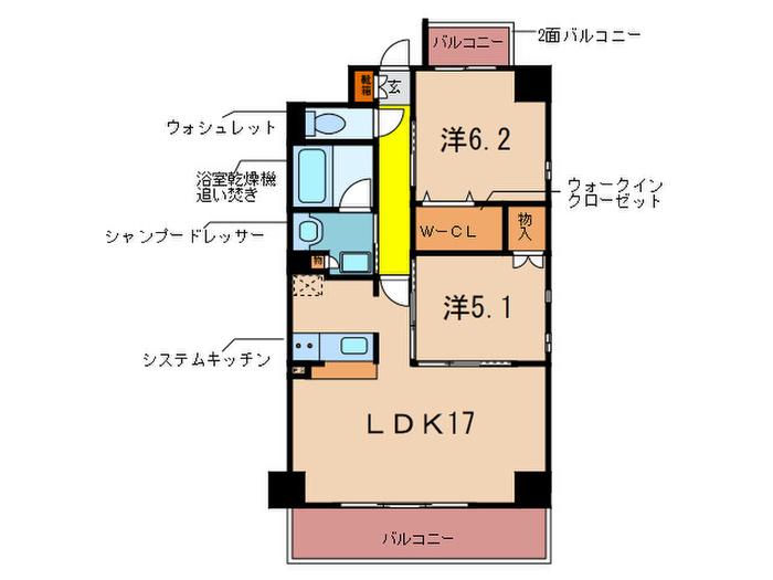 カメリアライジング博多(2LDK/6階)の間取り写真