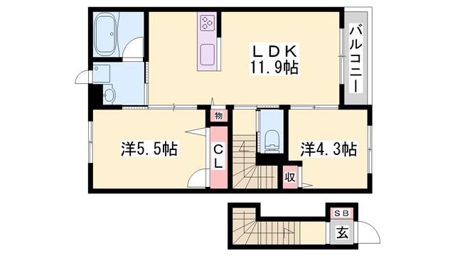 カーサグラスオエステB(2LDK/2階)の間取り写真