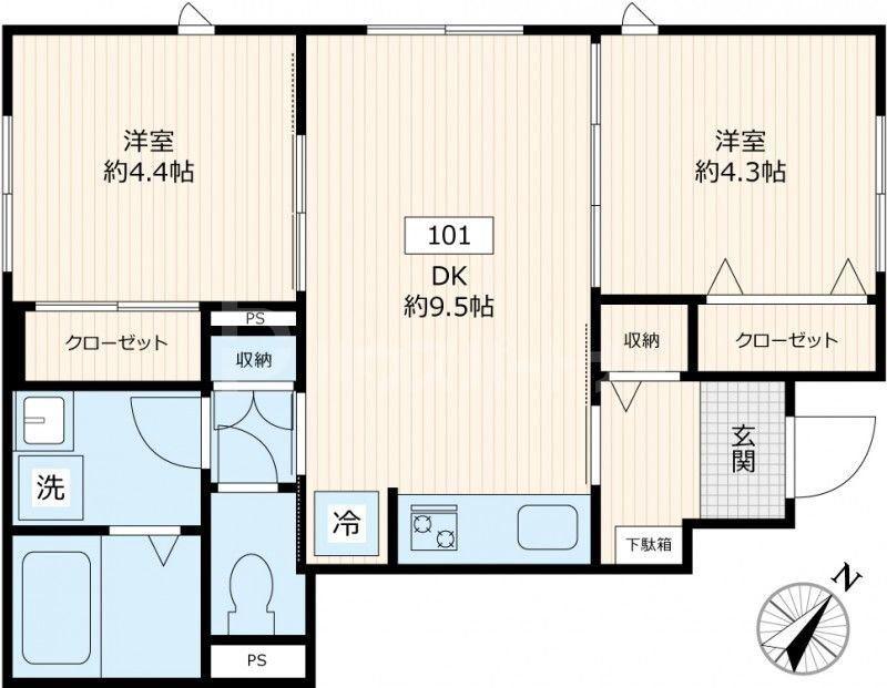 根岸コスモポリタン(2DK/1階)の間取り写真