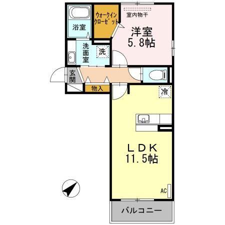 D-ROOM博多麦野 壱番館A棟(1LDK/1階)の間取り写真