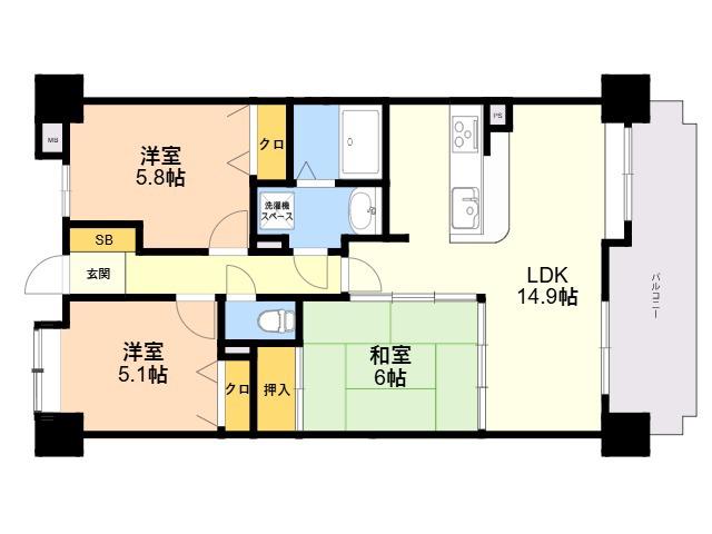 エクレールイースト西新(3LDK/4階)の間取り写真