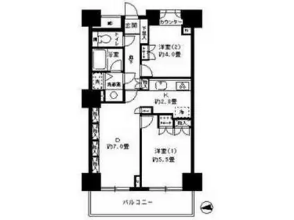 リーデンスタワー低層階(2DK/3階)の間取り写真