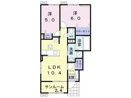 ヒルズTSII B(2LDK/1階)の間取り写真