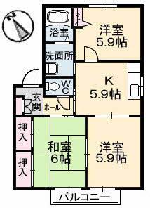 パースリーKATAGI A棟(3K/2階)の間取り写真