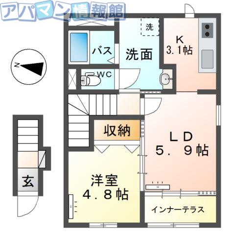 新潟市秋葉区中野アパート(1LDK/2階)の間取り写真