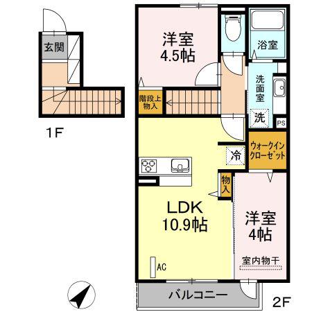 KISHI HEIGHTS(2LDK/2階)の間取り写真