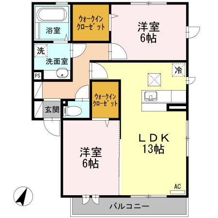 アーバングリーン長尾A棟(2LDK/1階)の間取り写真