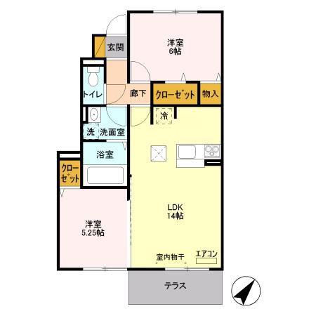 プラシデスB(2LDK/1階)の間取り写真