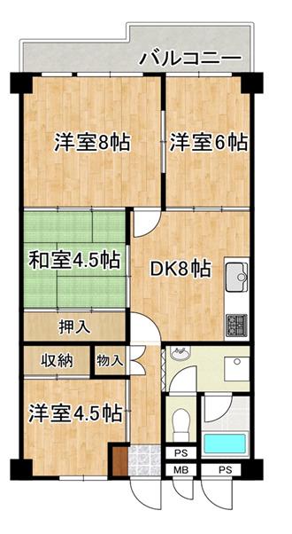 新北島コーポ2号棟(4DK/10階)の間取り写真
