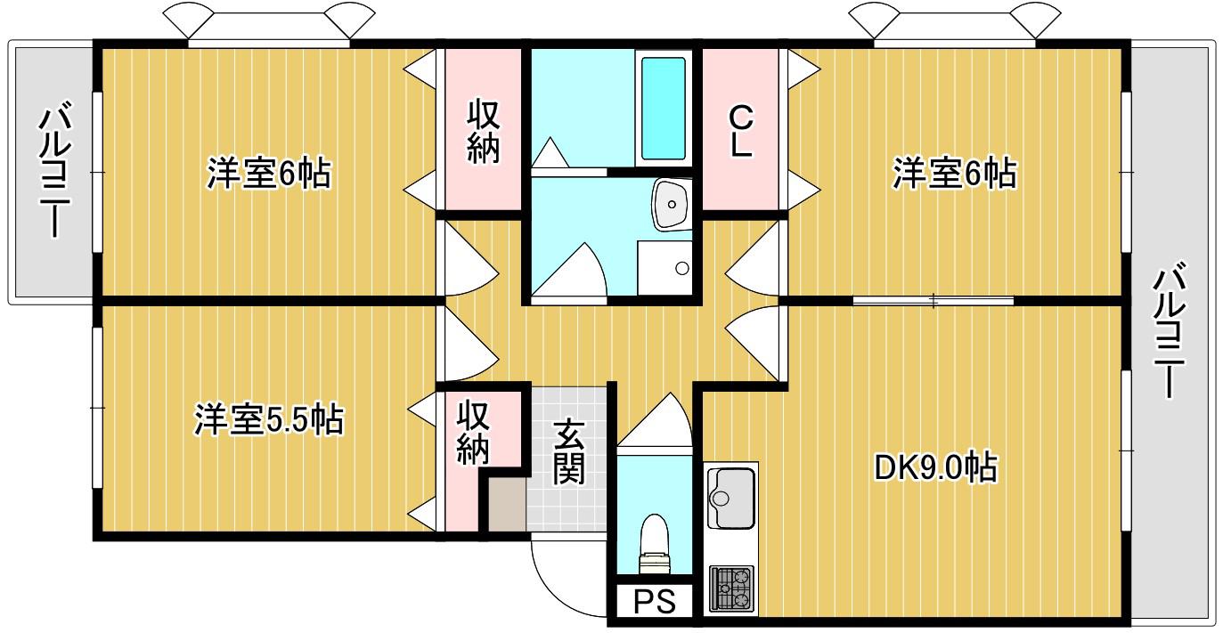 ハピネス篤B(3DK/1階)の間取り写真