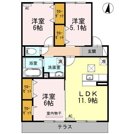ハルブラッサム富の原 A棟(3LDK/1階)の間取り写真