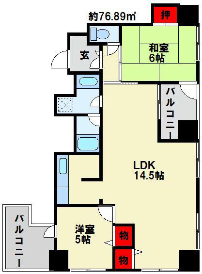門司港レトロハイマート(2LDK/12階)の間取り写真