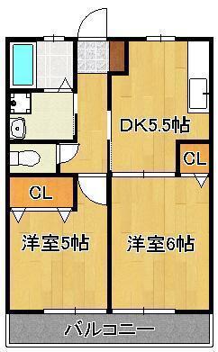ヒルズリバーサイドB(2DK/2階)の間取り写真