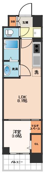 アーバネックス難波ウエスト(1LDK/15階)の間取り写真