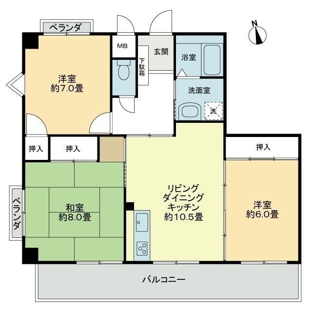 カトレアハイツ石川(3LDK/2階)の間取り写真