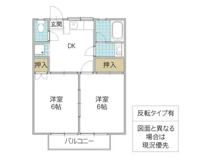 ハウゼ・レッツ・ビギン B棟(2DK/1階)の間取り写真