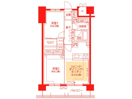 フロール横浜三ツ沢 2番館(2LDK/3階)の間取り写真
