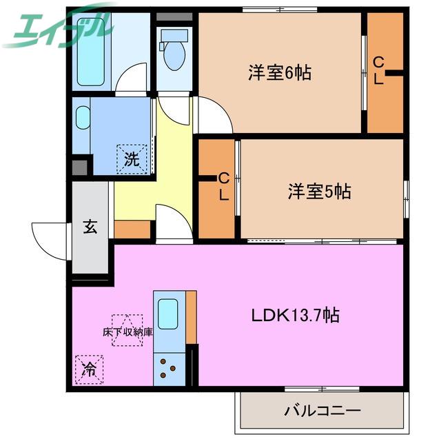 ディーソルビア石塚町 B(2LDK/1階)の間取り写真