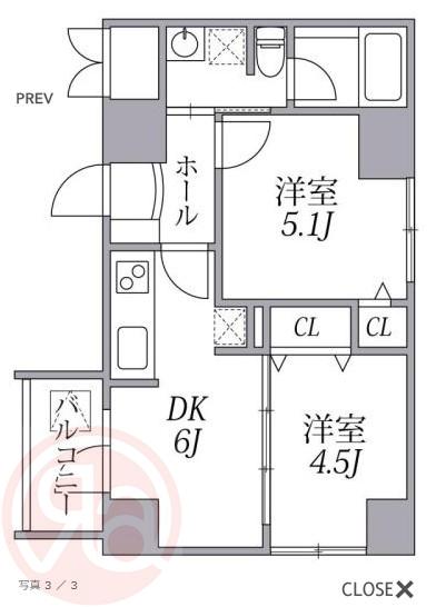 ZEUS 難波CUBE(2DK/11階)の間取り写真