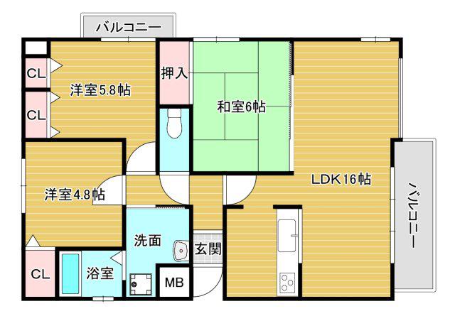グランパス富田林(3LDK/1階)の間取り写真