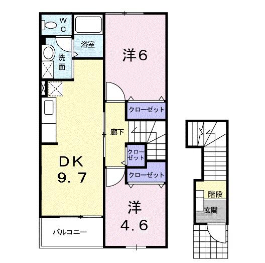 シャンテ若草(2DK/2階)の間取り写真