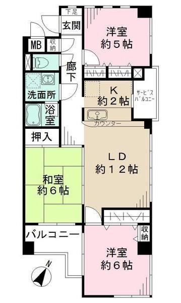 ソレイユ雪谷 3階三方角(3LDK/3階)の間取り写真