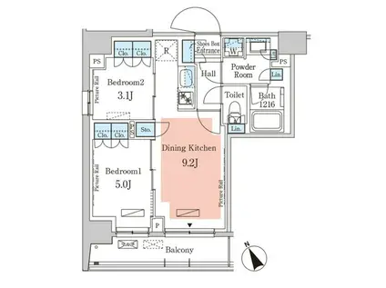 パークアクシス日本橋茅場町ステーションゲート(2DK/11階)の間取り写真