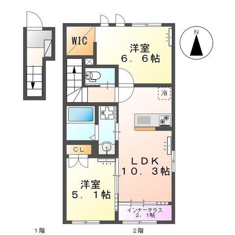 ボヌール MASHIKI(2LDK/2階)の間取り写真