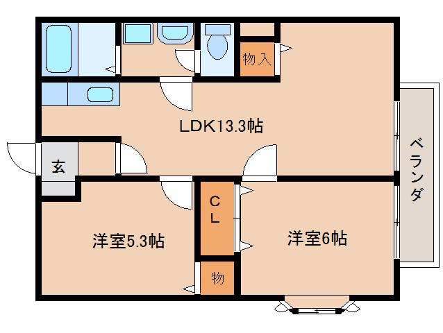 グランコート天理(2LDK/2階)の間取り写真