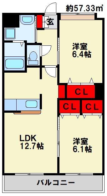 グランドゥール(2LDK/2階)の間取り写真