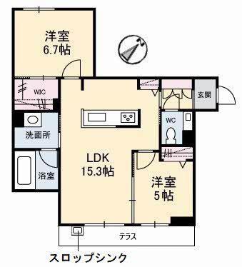 岡山県倉敷市 3階建 築5年(2LDK/1階)の間取り写真