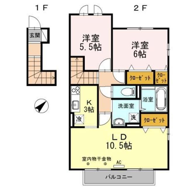 ウエストコテージ(2LDK/2階)の間取り写真