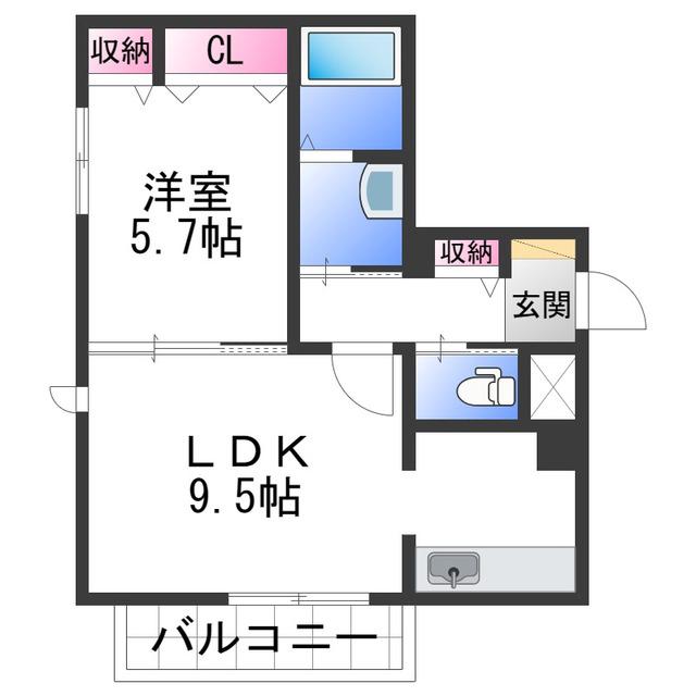 テラス新中通(1LDK/1階)の間取り写真