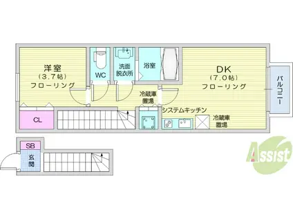 ブライアローズ富沢南(1DK/2階)の間取り写真