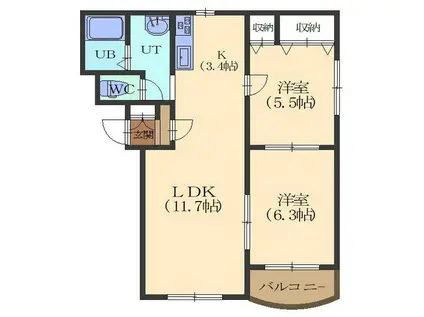 ピュアライフ・虹(2LDK/3階)の間取り写真